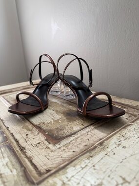 Metallic Brown Strappy Heeled Sandals with Clear Block Heel